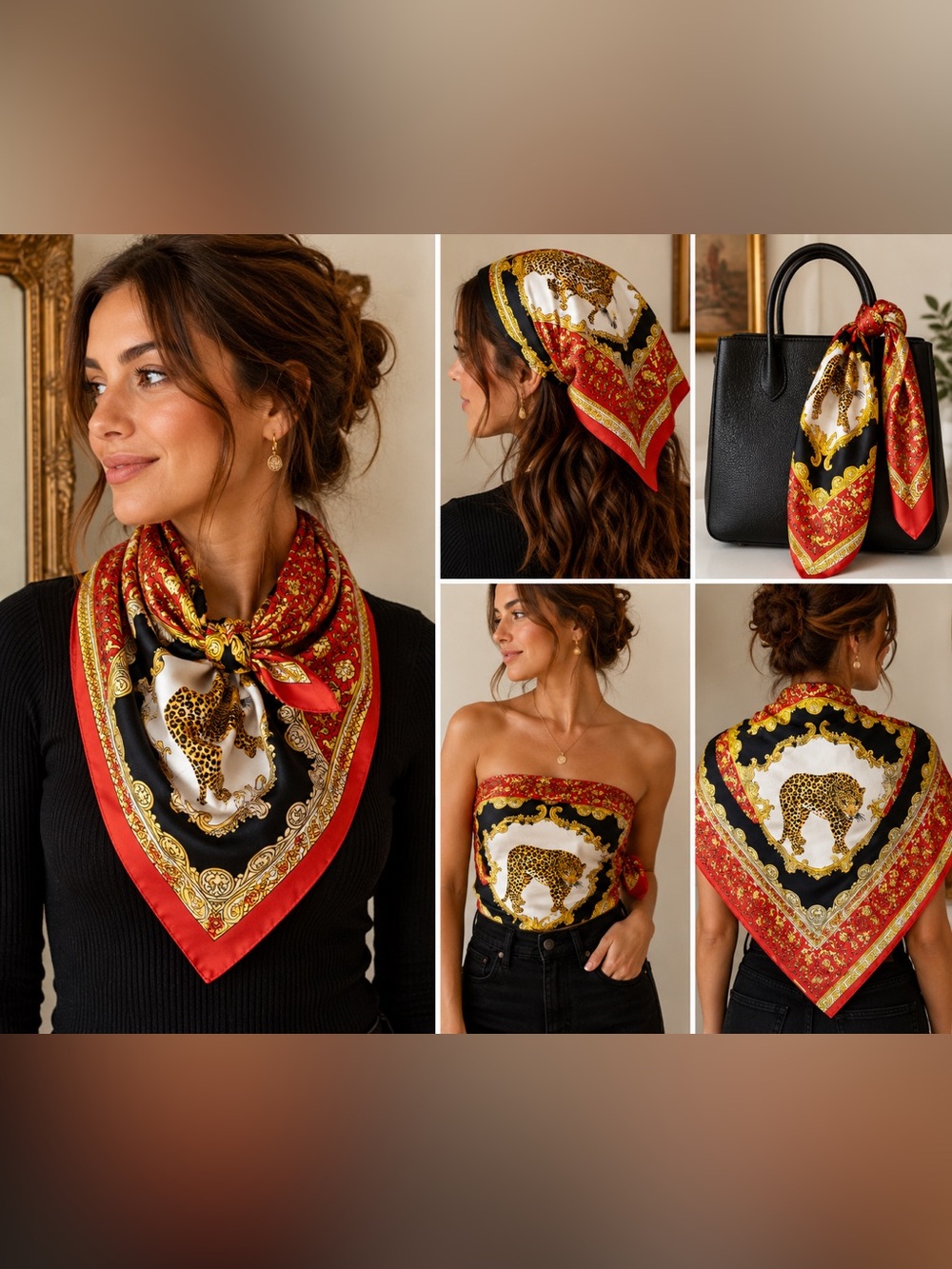 Vintage Leopard Baroque Print Scarf Red Gold Satin like Square 35” Wrap Shawl